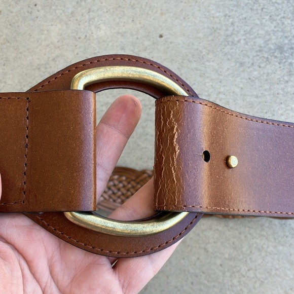 Brown Bonded Leather Braided Woven Wide Belt, XL - Picture 2 of 8